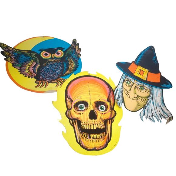 Vintage Beistle Halloween Skull Witch Owl Die Cuts Set of 3 READ - Picture 1 of 13